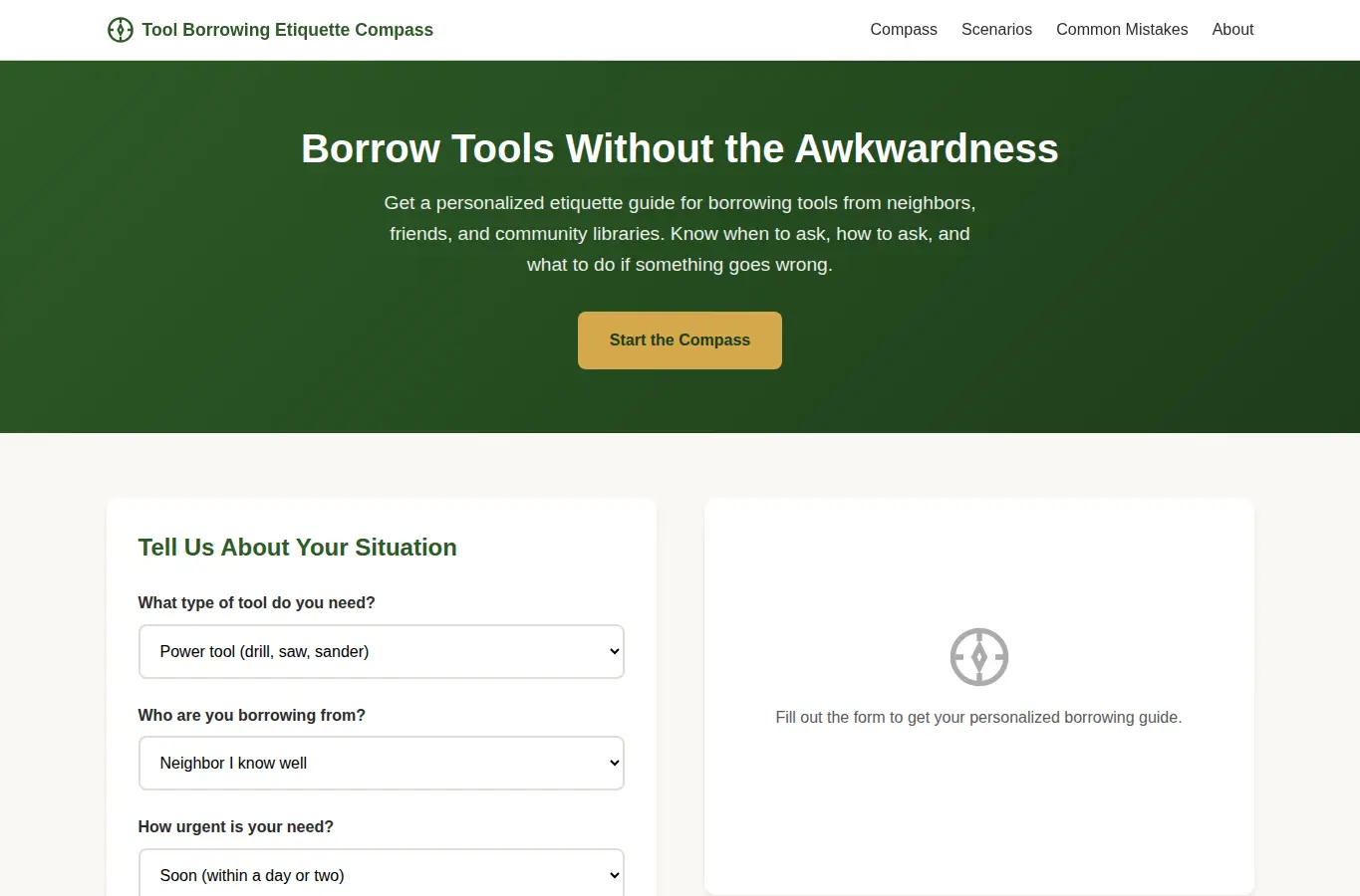 Screenshot of Tool Borrowing Etiquette Compass interface showing the project page in use
